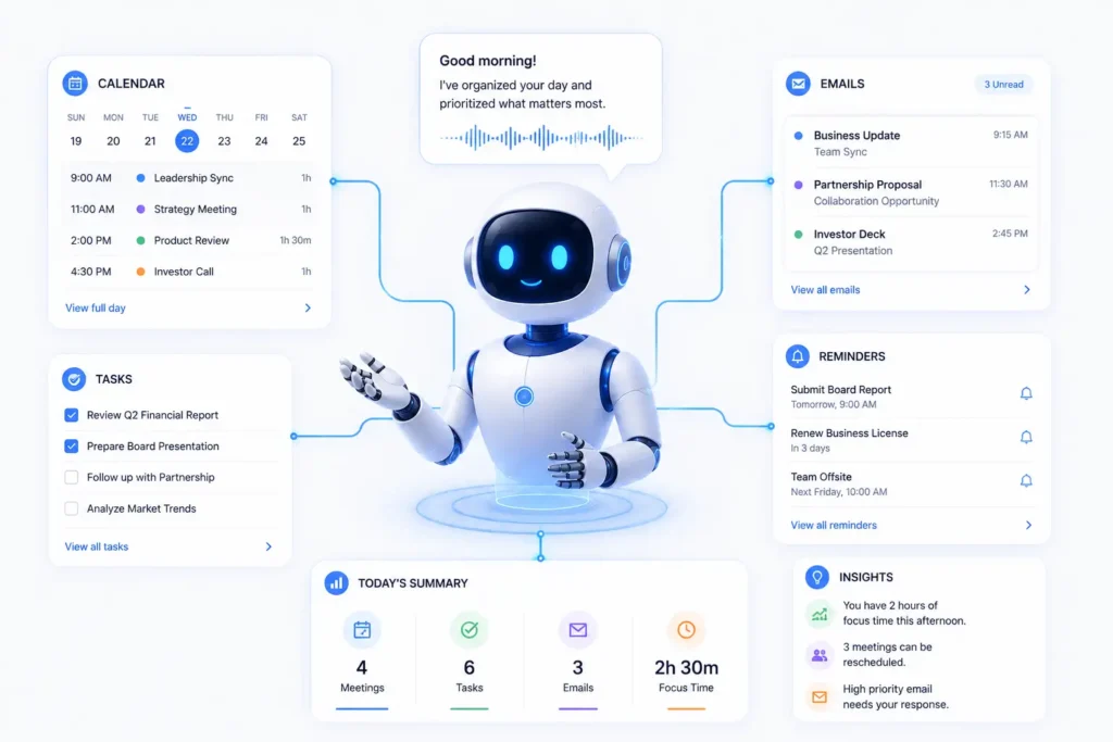 AI executive assistant organizing calendars, meetings, and emails