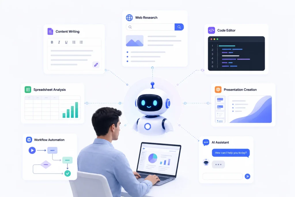 AI productivity workspace for research, writing, coding, and automation