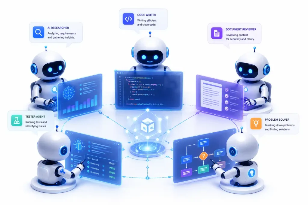 Multiple AI agents communicating to complete complex tasks